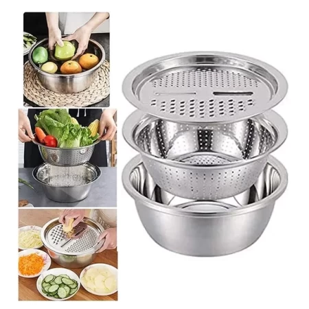 3 In 1 Multifunctional Stainless Steel Basin With Vegetable Cutter + Drain Basket