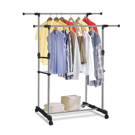 Portable Two Layer Double Pole Clothing Rack